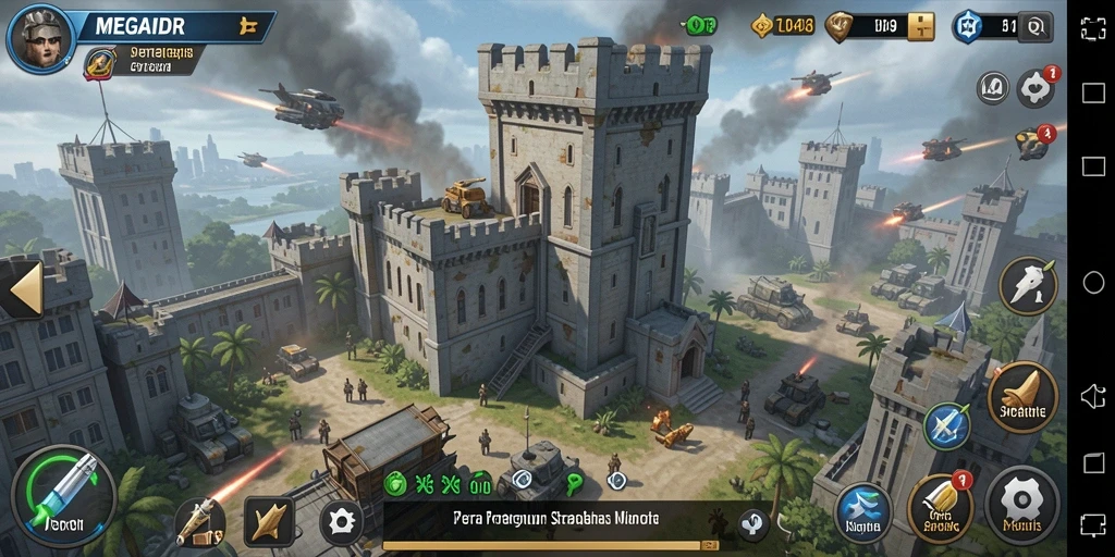 Screenshot gameplay MEGAIDR menunjukkan aksi seru dan menara yang berfungsi.