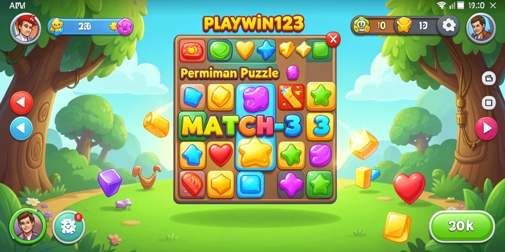 Tangkapan layar gameplay PLAYWIN123 dengan puzzle Match-3 yang menarik.